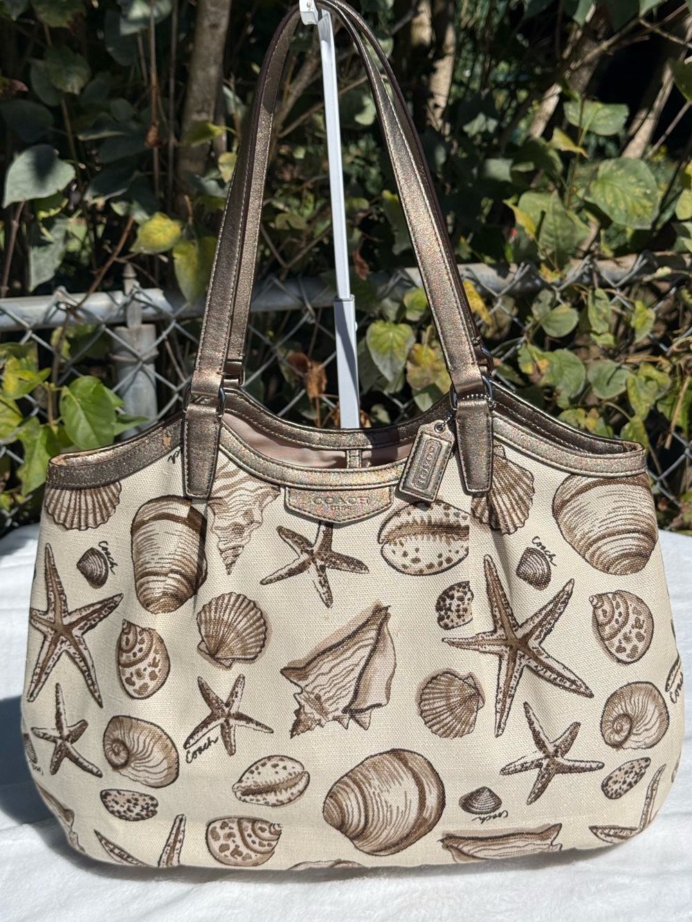Coach Seashell Canvas Tote in Beige and Brown with Metallic Trim